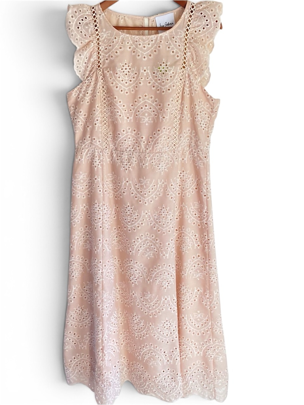 Sam Edelman Eyelet Embroidered Midi Dress Natural Flutter Sleeve Scallop Hem 14